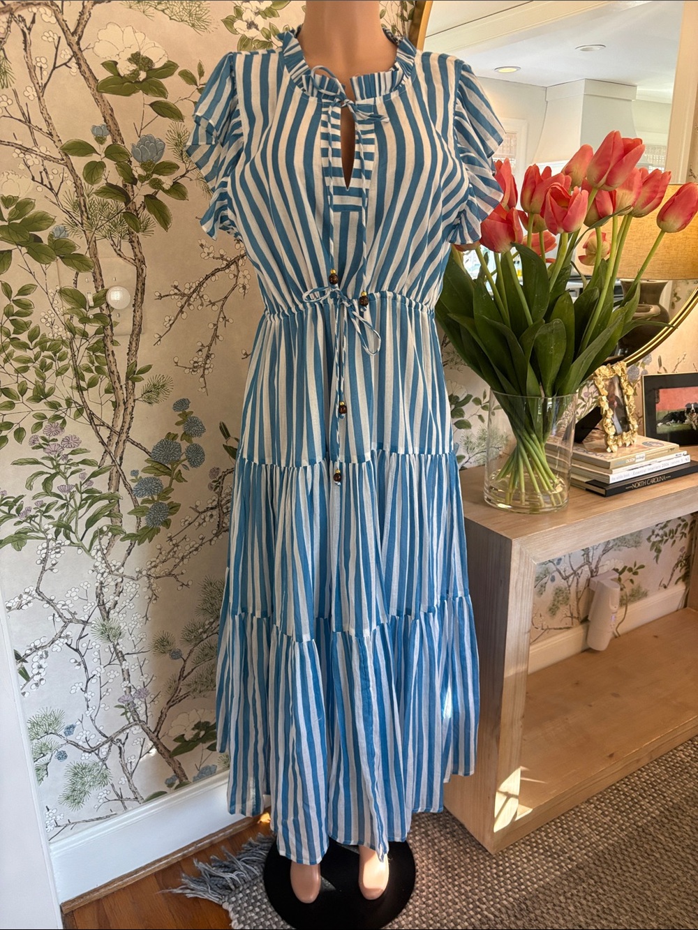 Oliphant Blue & White Vertical-Stripe Tiered Maxi Dress